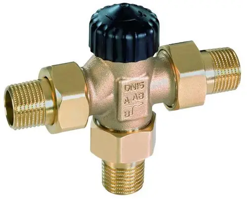 Dreiwege-Mischventil aus Messing mit schwarzem Handrad. Kompatibel für Heizungs- und Kühlanlagen, hergestellt von IMI Hydronic Engineering.